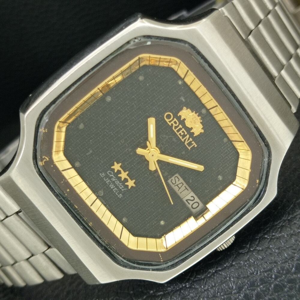 Vintage 1970 Orient Automatic Mens Silver Watch W/daydate & Gold accents